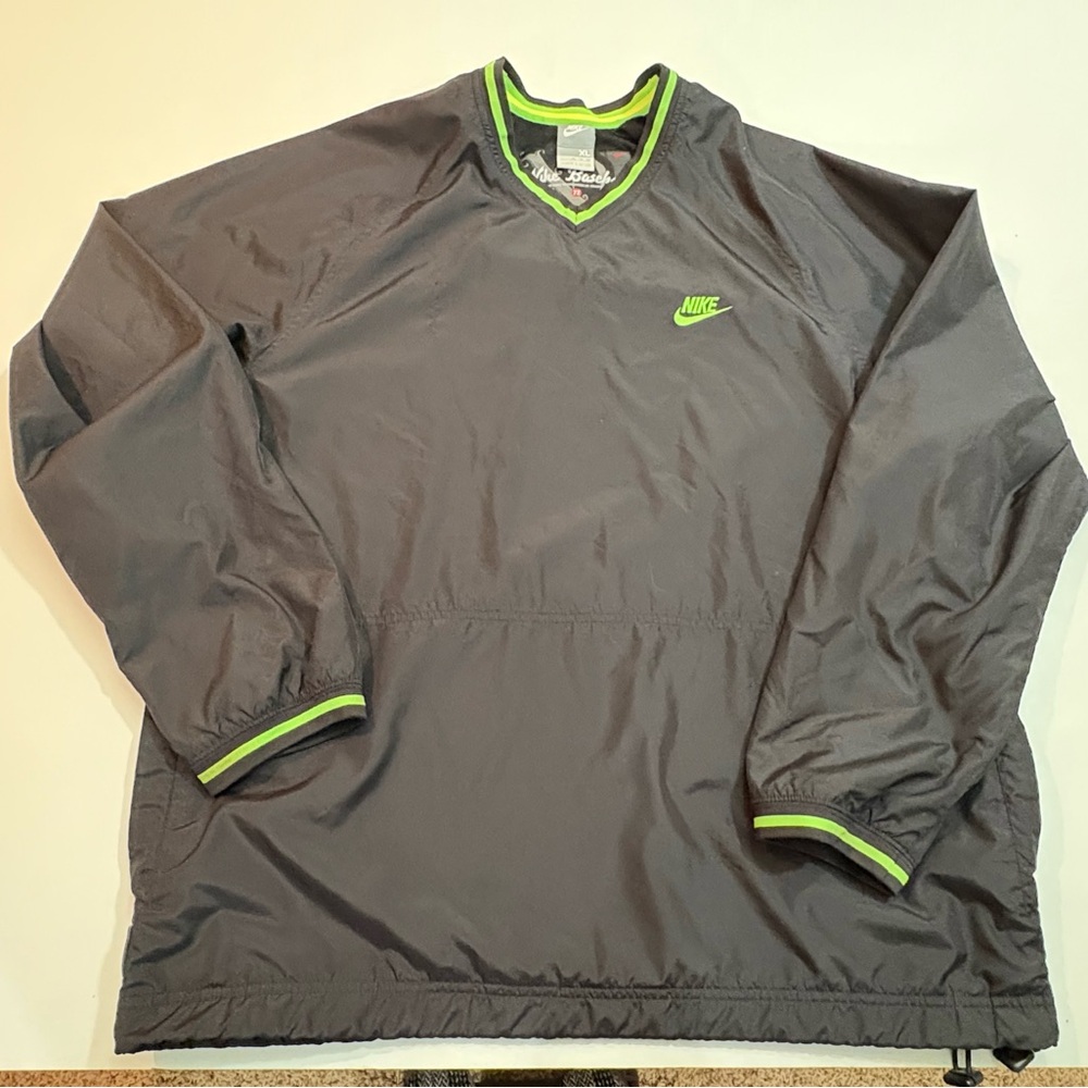 VINTAGE Nike Men's Black Windbreaker Pullover with Neon Green Trim